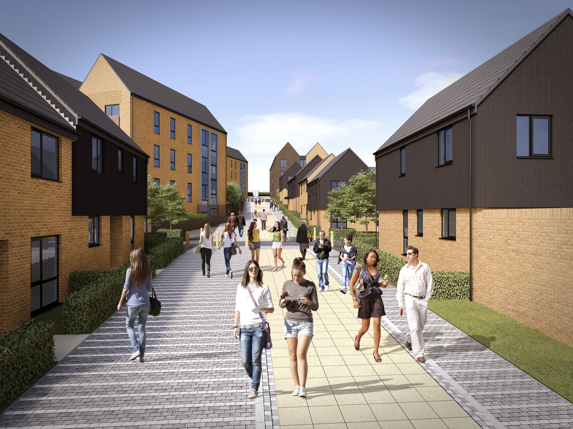 cgi image of a fortior homes development showing people walking on a newly built housing estate